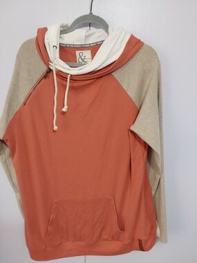 AMPERSAND AVE Rust Orange, Cream & Tan Colorblock Hooded Sweatshirt